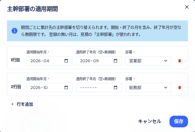 主幹部署の適用期間。行ごとに適用開始年月・適用終了年月・部署を入力します
