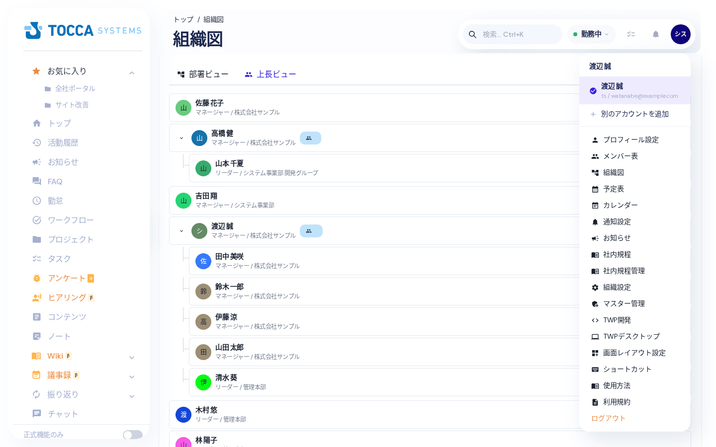 アカウントメニューから組織図を開く