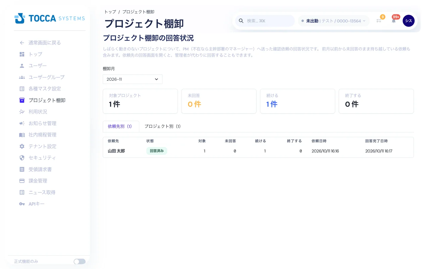 組織管理「プロジェクト棚卸」 - 棚卸月ごとに確認依頼の回答状況を確認できます