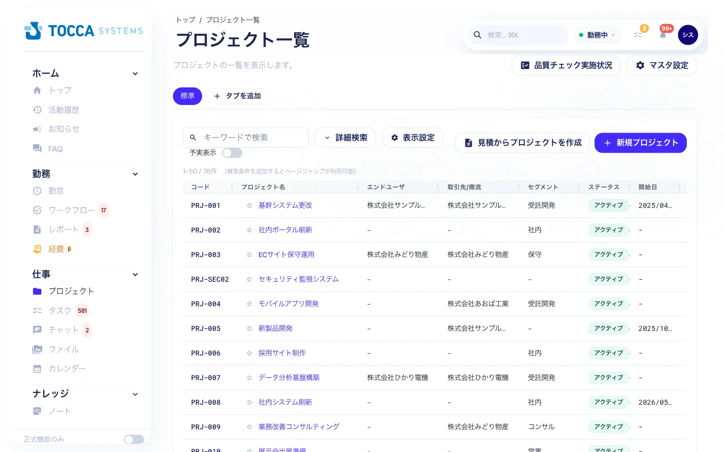 プロジェクト一覧 - 全プロジェクトの状況を一覧で確認できます