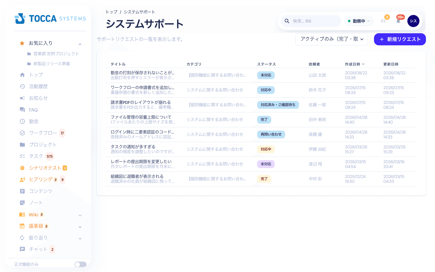 サポートリクエストの一覧